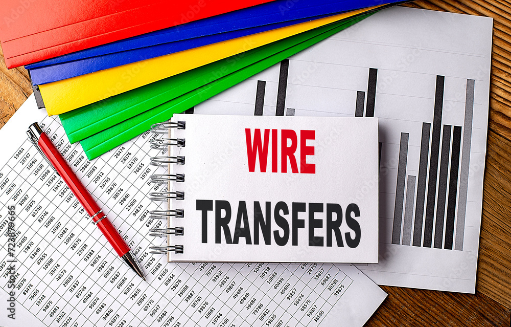 Poster wire transfers text on a notebook with pen, folder on a chart background