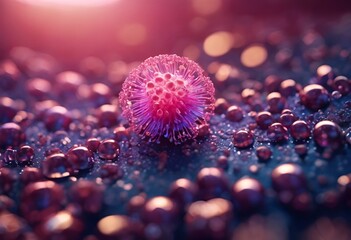 AI generated illustration of a pink cell with purple spheres - obrazy, fototapety, plakaty