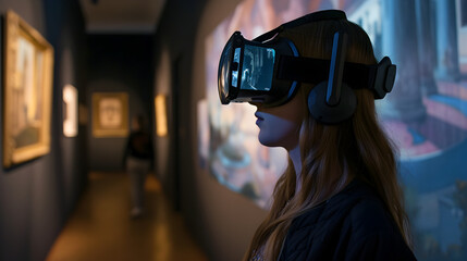 Young Woman Experiencing Virtual Museum Tour with VR Headset