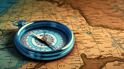 Fototapeta na wymiar Illustration of an analog compass and location marking on world map background, travel concept