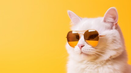Portrait of a white cat with sunglasses on a yellow background.