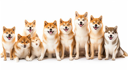 Shiba inu dogs in a row. Isolated on white background