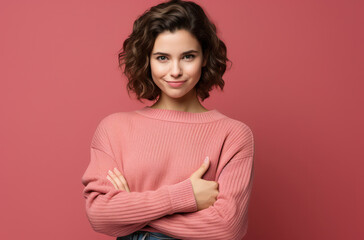 Obraz premium Isolated Beauty: Attractive Caucasian Female Model Standing, Happy and Smiling in Pink Sweater, Positively Expressing Elegance and Style