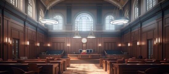 Empty courtroom or law court with a window in the foreground. - obrazy, fototapety, plakaty