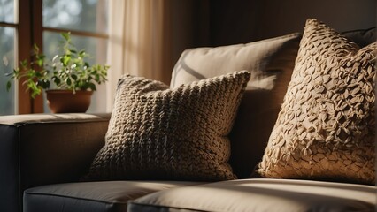 Couch sofa with pillows on a cozy minimalist living room and sunlight rays of the morning from Generative AI