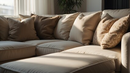 Cream couch sofa with pillows on a cozy minimalist living room and sunlight rays of the morning from Generative AI