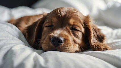 Cute brown puppy sleeping on a white bed from Generative AI