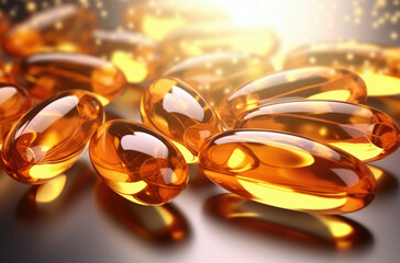 Two Omega 3 capsules isolated on a black background and many other capsules on a blurred background. Fish oil capsules close-up. The concept of healthy eating and healthy food supplements