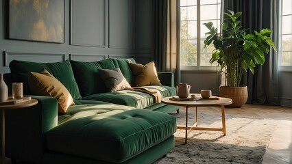 Green couch sofa with pillows on a cozy minimalist living room and sunlight rays of the morning from Generative AI