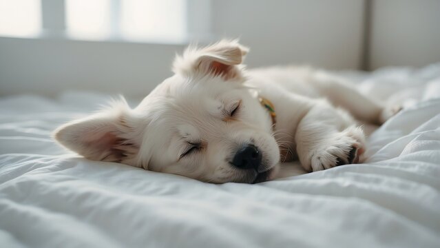 Cute white puppy sleeping on a white bed from Generative AI