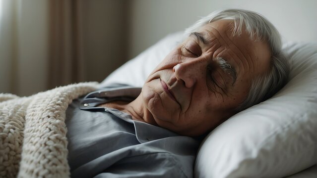 Elderly man sleeping on a cozy white bed from Generative AI
