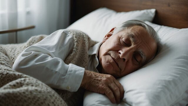 Elderly man sleeping on a cozy white bed from Generative AI