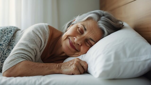 Elderly woman smiling happily sleeping on a cozy white bed from Generative AI