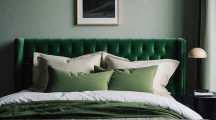 Minimalist green bed with pillows and comforter duvet from Generative AI