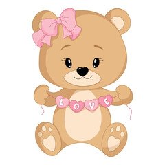 Pretty teddy bear with a pink garland of hearts isolated on a transparent background. Happy Valentine's Day. Vector illustration