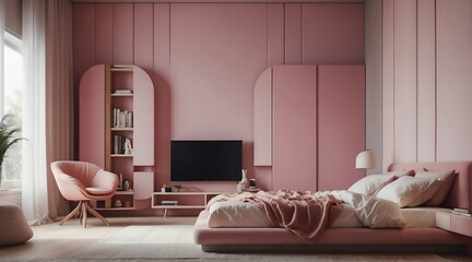 Minimalist pink girly themed bedroom from Generative AI