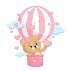 Adorable teddy bear on a hot air balloon with pink Hearts. Happy Valentine's Day. Vector illustration