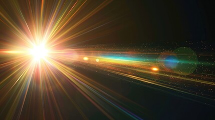 Abstract sun burst, digital flare, iridescent glare, lens flare effects over black background for overlay designs