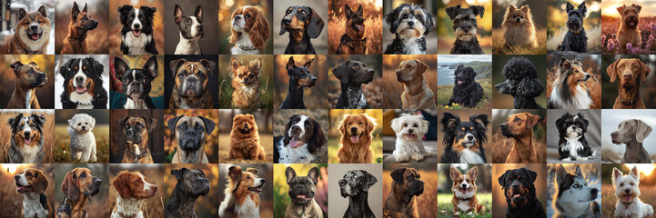 Panorama collage of many different happy dogs outdoors - obrazy, fototapety, plakaty