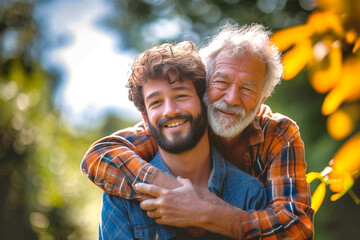 An elderly father and son embracing in the countryside.