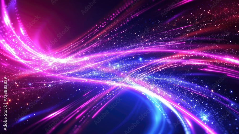 Poster beautiful colorful light effect of neon glow lights and flash. background with flying design element