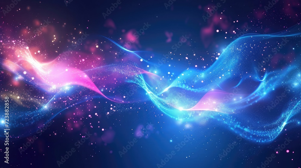 Poster beautiful colorful light effect of neon glow lights and flash. background with flying design element