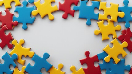 Blue, yellow, red pieces of puzzle frame on white background. World autism awareness day concept. Top view, copy space