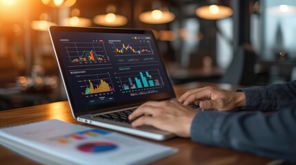 Cropped photo of businessman analyzing business diagram, marketing statistics and finance market graphs on laptop monitor in the office.