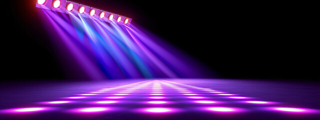 Luminous Symphony: Radiant Purple and Blue Lights Dance on Enigmatic Black Canvas