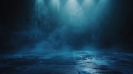 Dark street, wet asphalt, reflections of rays in the water. Abstract dark blue background, smoke, smog. Empty dark scene, neon light, spotlights. Concrete floor