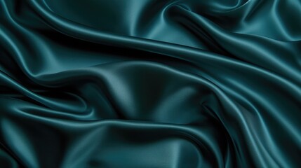 Fototapeta premium Dark teal green silk satin tight Soft wave. Shiny smooth fabric. Soft folds. Luxury background with space for design. web banner. Flat lay, top view table. Birthday