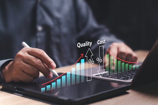 Cost reduction and quality control, business strategy, and project management concept, Businessman use plans to reduce costs, financial management, Target good quality, effective business
