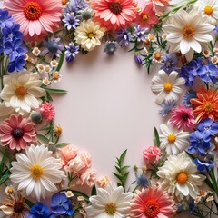 Beautiful flower frame, Background of round fresh flowers frame arranged together on whole image 