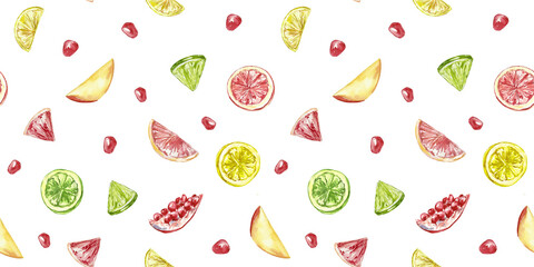 Seamless pattern watercolor fruits citrus lime lemon grape pomegranate mango textile wrapping paper