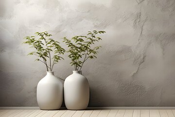 Minimalist interior background of room with brown stucco wall and vase with branch