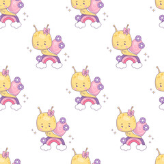 Seamless pattern with  snail girl  on rainbow