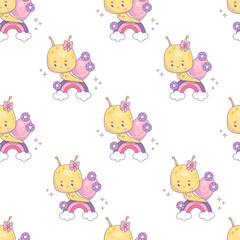 Seamless pattern with  snail girl  on rainbow