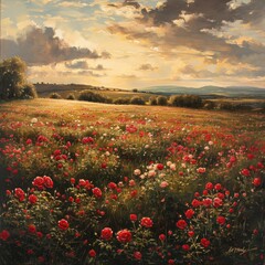Roses flower fields, Stunning landscape with Roses field  - obrazy, fototapety, plakaty