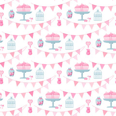 Seamless pattern cute, romantic with cakes, birds, bows, hearts and triangular flags. 