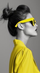 A stylish woman confidently rocks her yellow sunglasses as she flaunts her fashion sense with a chic hairstyle and accessorized neck