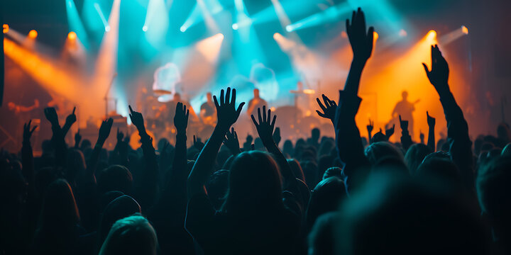 Dancing enthusiasts immerse in the vibrant energy of a music-filled night, surrounded by a lively crowd at a concert event, where lights, music genres like disco and rock, and the joyous atmosphere bl