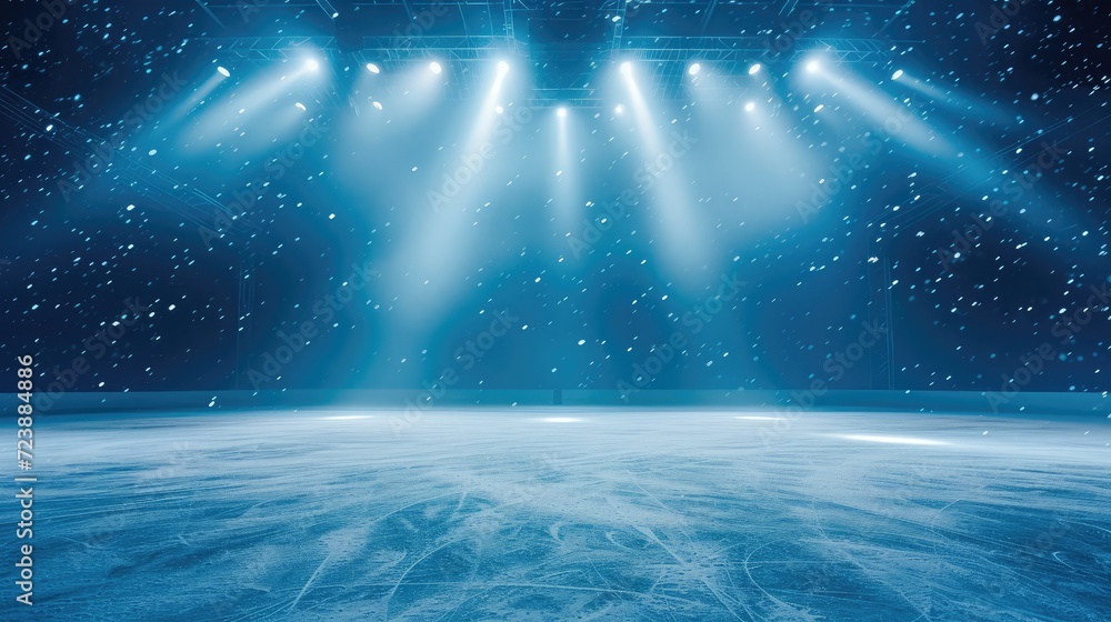 Poster snow and ice background.empty ice rink illuminated by spotlights