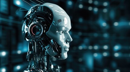 Side view portrait of robot head on futuristic background. AI technology concept