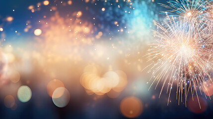 Fireworks and bokeh in New Year eve and copy space. Abstract background.