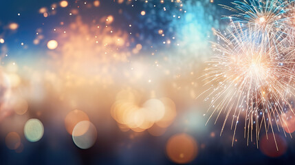 Fototapeta premium Fireworks and bokeh in New Year eve and copy space. Abstract background.