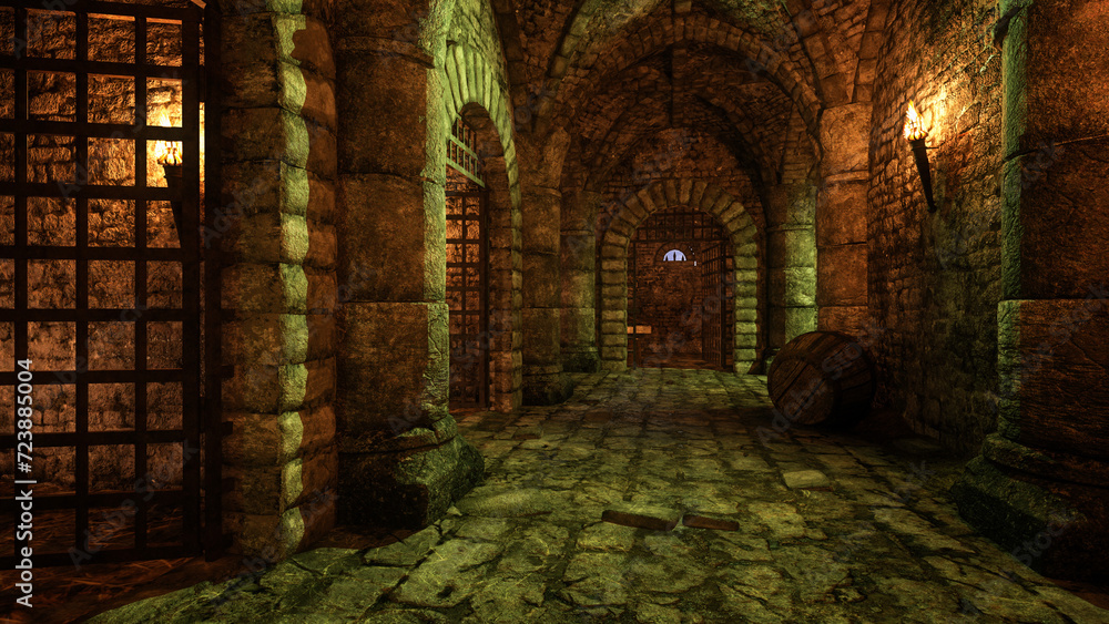 Poster dark grungy corridor in an ancient medieval prison dungeon with black iron doors on the cells. 3d re