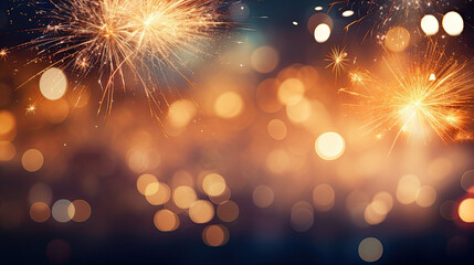 Fireworks and bokeh in New Year eve and copy space. Abstract background.
