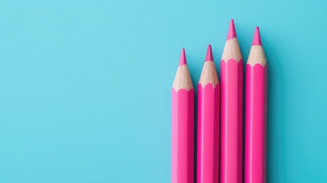 Three pink pencils on light blue background. Top view, copy space for text. Education, drawing, back to school background