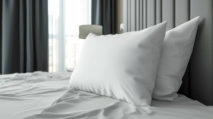 Fototapeta na wymiar White pillow case mockup template. Blank soft pillow on the bed in bedroom