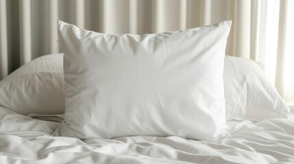 Fototapeta na wymiar White pillow case mockup template. Blank soft pillow on the bed in bedroom